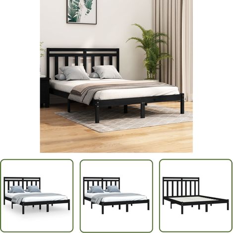 SKM Cadre de lit Noir Bois de pin massif 140x190 cm (1/5)