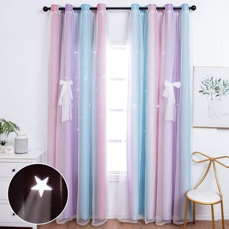 Set of 2 Star-Cutout Blackout Curtains for Girls' Bedrooms and Living Rooms – Double-Layer Pink-Purple Rainbow Curtains with Striped Cutouts (Double-Sided), 134cm Wide x 160cm Long (1/5)