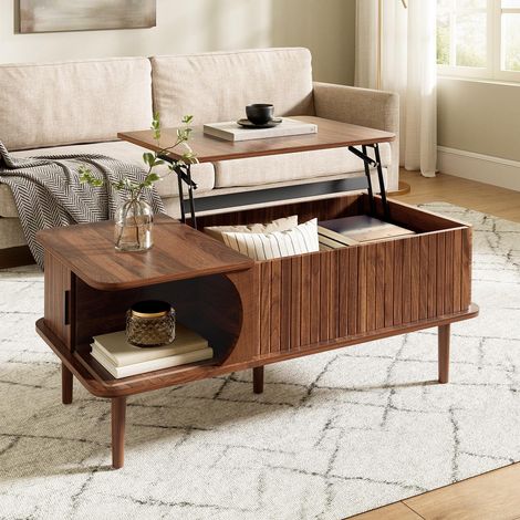 Mesa de centro elevable de 100 cm - Diseño retro con ranuras verticales - Tablero regulable para teletrabajo, puerta corredera y gran compartimento - Acabado nogal (1/5)