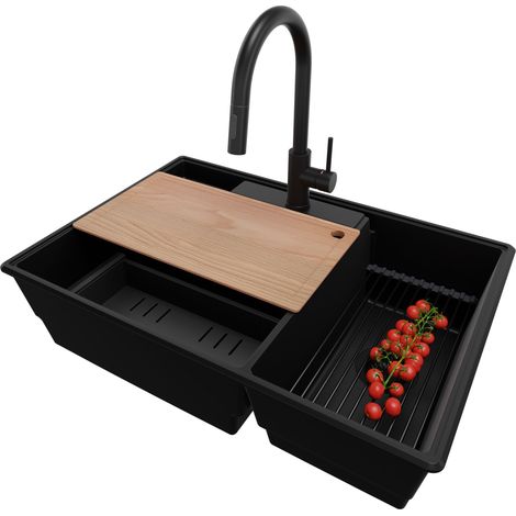 PRIMAGRAN Evier Cuisine en Granit 78x53cm,Lavabo 2 bacs + Robinet 40x20cm + Kit de Vidage + Accessoires, Évier à Encastrer au meuble 80cm - Paris, Tout Noir (1/5)