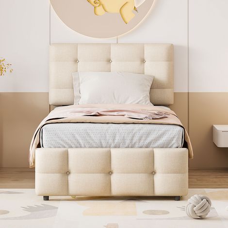 Lit enfant rembourré 90 x 200 cm avec lit gigogne 90 x 190 cm, tête de lit réglable, sommier à lattes, structure en MDF, métal et tissu lin - beige (1/5)