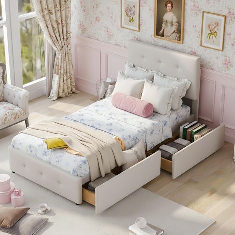 Cama doble tapizada 90x200 cm, con 2 cajones, suave tela de terciopelo, somier de láminas, cabecero, cama infantil, cama juvenil, cama supletoria - Beige