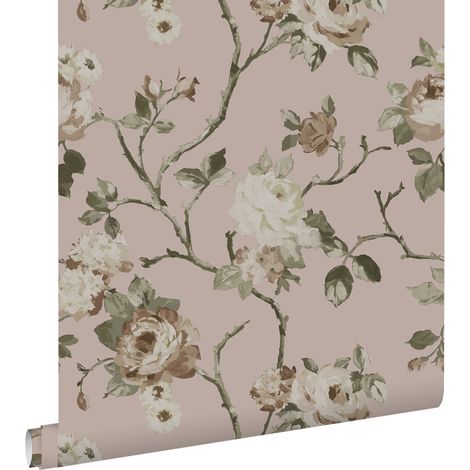 Papier peint à motif fleurs vintage vieux rose – Dimensions 53cm x 10,05m – Facile à poser – 100% écologique et intissé – Estahome