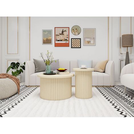 Kérian Lot de 2 tables basses rondes gigognes aspect bois naturel structure ondulée, pour salon, chambre, bureau (1/5)