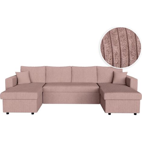 Loungitude – Canapé d'angle panoramique convertible 6 places avec 2 coffres – Velours côtelé rose – Système de couchage tiroir lit (1/5)