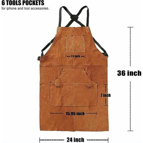 Tablier de travail du bois en cuir, tablier de travail avec 6 poches à outils, tablier de soudeur pour homme femme, tablier d'atelier ignifuge résistant à la chaleur, réglable M à M (1/4)