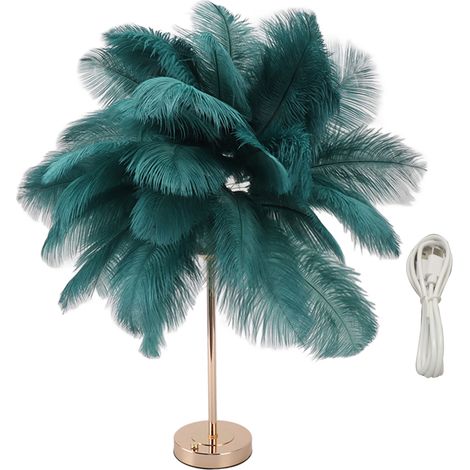 Lampe de table en plumes d'autruche rechargeable, décoration romantique moderne, chambre à coucher, chevet pour la maison, vert foncé