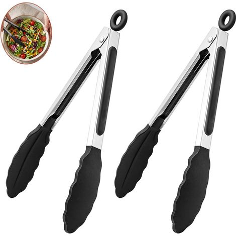 2 x Kitchen Tongs 23 cm, Stainless Steel Kitchen Tongs with Silicone Air Fryer Tongs, Heat Resistant Silicone Kitchen Tongs for Barbecue, Cooking and Food Serving (1/5)