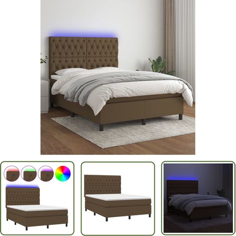 The Living Store Sommier à lattes de lit matelas et LED Marron foncé 140x190 cm - Sommier Tapissier - Lit Plateforme - Lit Avec Rangement - Matelas À Ressorts Ensachés - Éclairage LED (1/5)