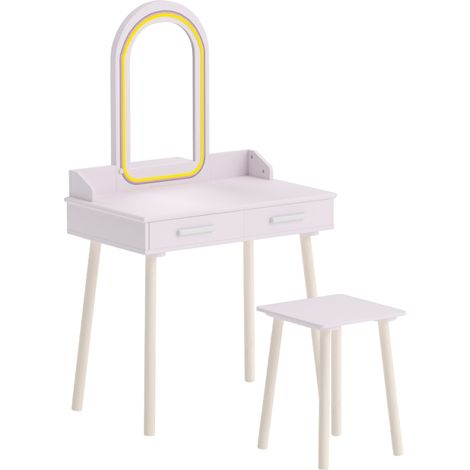 Ensemble coiffeuse 2 en 1 pour enfants : coiffeuse, bureau avec tabouret, miroir LED à 3 couleurs de lumière, 2 tiroirs, 3-8 ans (1/5)