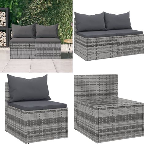 Canapés centraux de jardin et coussins 2pcs Gris Résine tressée - Canape De Jardin - Mobilier De Jardin - Salon De Jardin - Set De Jardin - Chaise Lounge - Home & Living (1/5)