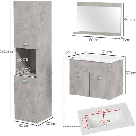 Ensemble de meubles de salle de bain 4 pièces (gris) comprenant un lavabo de 60 cm, une armoire, une colonne de salle de bain et un miroir en bois. (1/5)