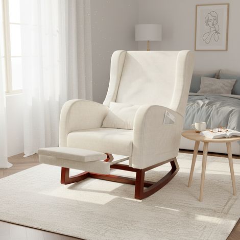 Fauteuil à bascule - pédales rétractables dissimulées, coussin dossier, cadre en bois massif, 132x64x99 cm, roches latérales des deux côtés - beige (1/5)
