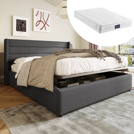 Cama 140x200 cm de lino gris con arcón hidráulico, con colchón, para ahorrar espacio – MEUBLIV (1/5)
