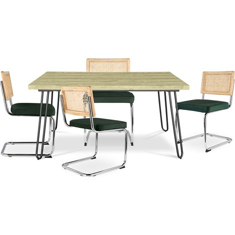 Pack Industrial Design Dining Table 120cm & 4 Rattan Dining Chairs - Velvet Upholstery - Martha Dark green