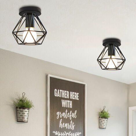 Lot de 3 suspensions industrielles en métal, forme diamant, style lustre, pour salon ou couloir, noir. (1/4)