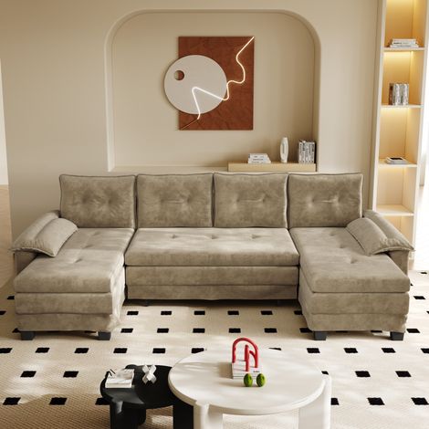 Canapé modulare a U convertible in chenille camel 278x127x87 cm con letto estraibile e USB (1/5)