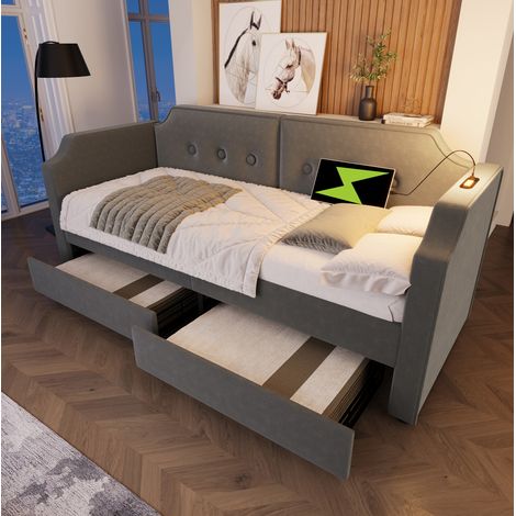 Polsterbett 90x200 mit 2 Schubladen USB Leselicht Samt OKMYHOME (1/5)