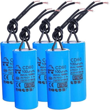 Condensateur de démarrage CD60 100uF 450V AC pour machine à laver, moteur électrique robuste, compresseur d'air, noir, deux fils (1/5)