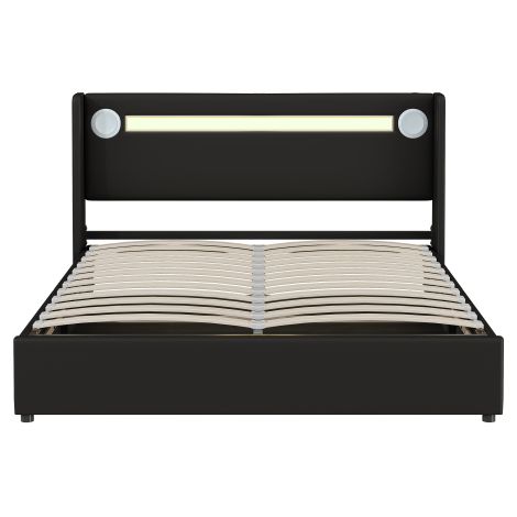 Lit rembourré 160x200 avec barre lumineuse LED,lecteur Bluetooth et chargement USB,lit coffre en cuir PU,lit mezzanine coffre,lit double avec sommier à lattes noir