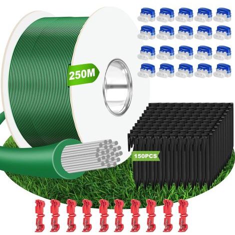 Cable para robot cortacésped 250 m + 150 estacas + 20 conectores de cable + 10 bornes de conexión, hilo para robot cortacésped, cable compatible con robots cortacésped Gardena/Bosch/Worx/Yard Force, e (1/5)