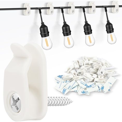Crochets à visser, 20 pièces Clips de guirlande lumineuse d'extérieur Avec adhésif ruban, Crochet de Suspension pour guirlandes lumineuses et décoration de Noël - Blanc (1/5)