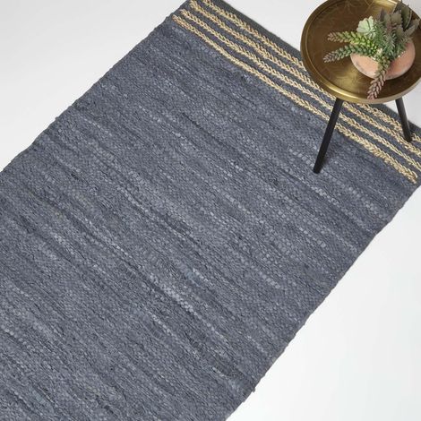 HOMESCAPES Lederteppich grau mit Streifen 160 x 230 cm – Teppich aus Recycling-Leder