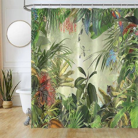 Rideau de douche Forêt 180 x 180 cm, style bohème tropical avec feuilles vertes, imperméable et anti-moisissure, lavable en polyester. (1/5)