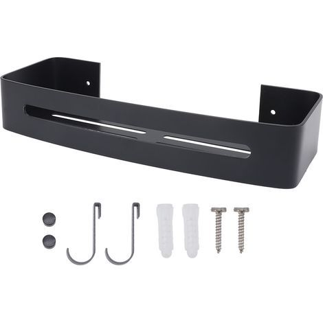 Étagère murale de salle de bain, support de douche, espace monocouche, étagères flottantes en aluminium avec crochets, noir (1/5)
