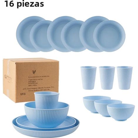 (Bleu) Ensemble de couverts portables de style campagnard de 16 pièces, comprenant un couteau, une fourchette et une cuillère, fabriqué en plastique écologique. (1/5)