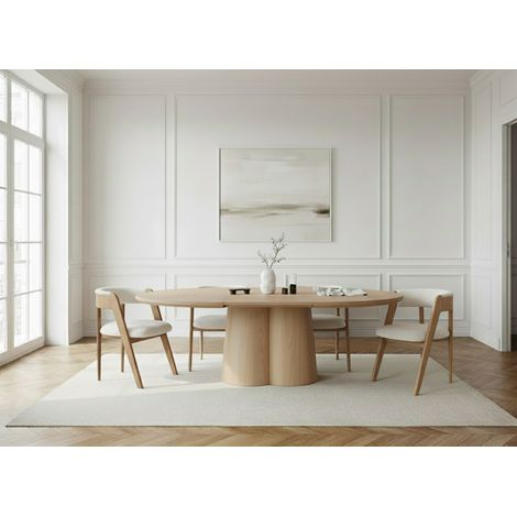 BOBOCHIC - Ensemble SUGITON avec table à manger ronde extensible 130 à 180 cm + 4 chaises BASTIDE placage chêne massif Marron clair (1/5)