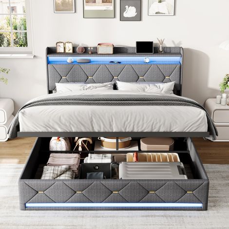 Cama canapé doble 140x200 cm en tela de lino con somier, cama de adulto con almacenaje hidráulico, cabecero tapizado con iluminación LED, estantes y puertos USB/Tipo C - Gris