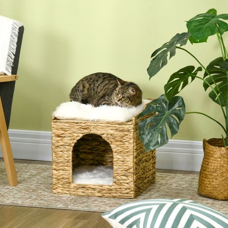 Casita para gatos de dos niveles con dos cojines de jacinto de agua - 37,5 x 37,5 x 41,5 cm, color marrón crema
