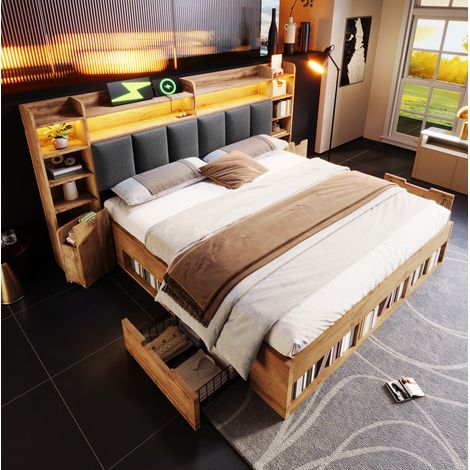 Letto adulto 160x200 cm con testiera LED, USB e Type-C, vano portaoggetti, cassetti e base, in legno naturale, materasso non incluso (1/5)