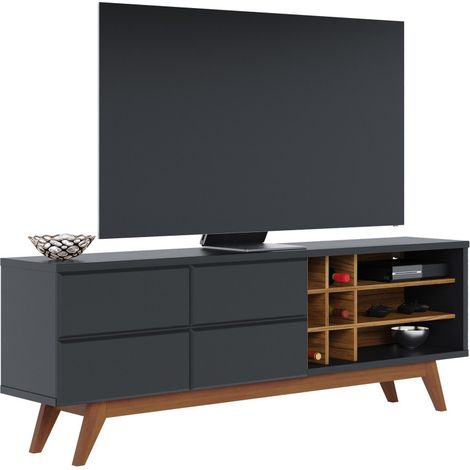 Meuble TV 75 Pouces Noir et Chêne Pieds Bois 2 Portes 11 Niches L 180 H 64.2 P 36.5 cm (1/5)