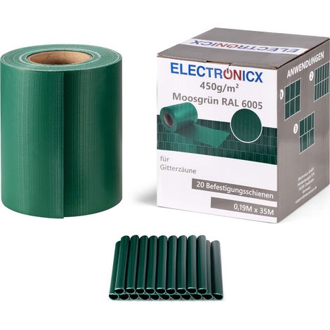 Electronicx PVC Sichtschutzstreifen Moosgrün (RAL 6005) Sichtschutz Zaunfolie Doppelstabmatten 70m (2x35m) x 19 cm 450g/m² UV-beständig