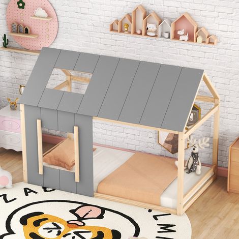 Okwish – Lit cabane enfant 90x200 cm – Bois de pin et MDF – Couleur gris et naturel – Hauteur 150 cm – Assemblage facile