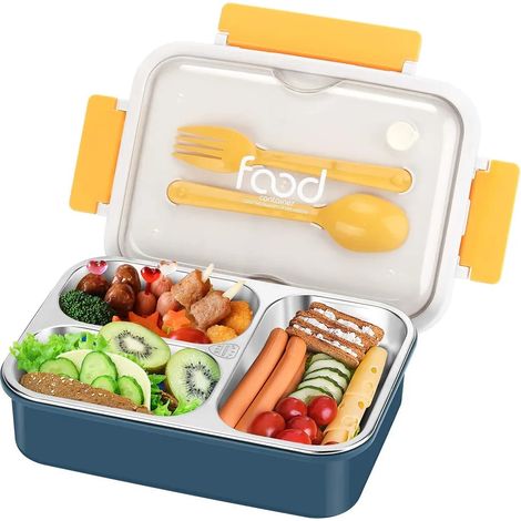 Boîte repas en inox, lunchbox acier inoxydable 3 compartiments avec couverts 620ml, étanche et compatible lave-vaisselle, bento box pratique pour enfants et adultes (1/5)