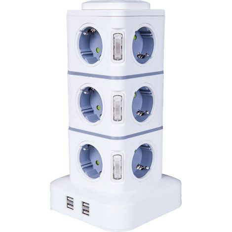 Multiprise Verticale 12 Prises avec 4 Ports USB, Parafoudre, Câble 3m, 2500W/10A, Bloc d'Alimentation pour Maison et Bureau