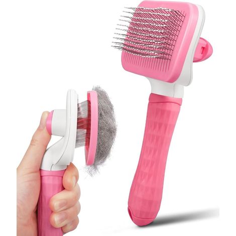 Outil de toilettage pour animaux avec fonction de nettoyage, élimine facilement le sous-poil détaché, outil de massage pour animaux à poils longs ou courts (rose) (1/3)