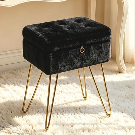 Pouf Coiffeuse Noir avec Rangement 8 L, Fausse Fourrure et Mémoire de Forme (1/5)