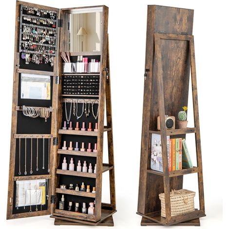 GOPLUS Armoire à Bijoux avec Miroir, Organiseur de Bijoux Rotatif avec Rangment pour Boucles d'Oreilles et Bagues, Armoire a Bijoux sur Pied avec 3 Étagères Arrière (Marron rustique) (1/5)