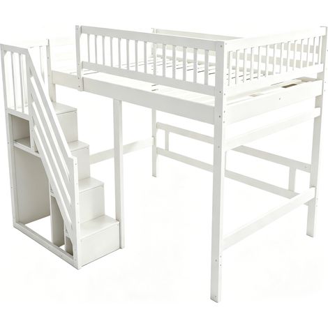 Cama alta 140 x 200 cm blanca con escalera de almacenaje y barandilla alta MODENUIT (1/5)
