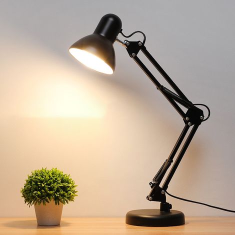 Lampe de bureau réglable, lampe de table rétro avec douille E27, avec interrupteur à cordon, lampe de lecture, noire (1/5)
