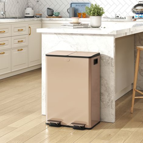 Poubelle de cuisine à pédale finition or acier inoxydable tri sélectif double bac 2 x 28L dimensions 45,8 x 36 x 67,6 cm, couvercle amorti (1/5)
