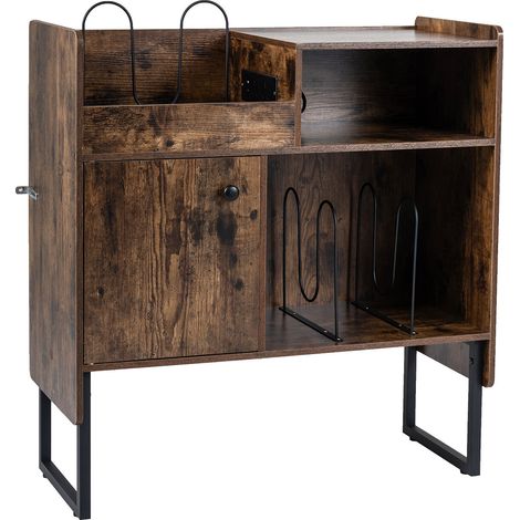 Meuble pour platine vinyle marron en bois massif avec rangements ouverts et station de recharge USB et Type-C pour salon et bureau