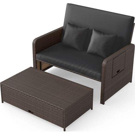 Salon de jardin noir 3-en-1 en rotin PE avec canapé inclinable, repose-pieds et tables pliantes pour balcon, terrasse et jardin (1/5)