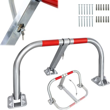 Barriera da parcheggio Relaxdays, pieghevole, con serratura a cilindro, acciaio, HxLxP: 46 x 95 x 44 cm, argento/rosso (1/5)