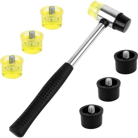 Bardusch-1pcs Maillet en Caoutchouc Maillet Double Face Marteau en Caouthouc avec 6pcs Face Remplaçable Poignée en Caoutchouc Antidérapant Noir et Jaune Pour le Bois l’Artisant le Cuir (1/5)