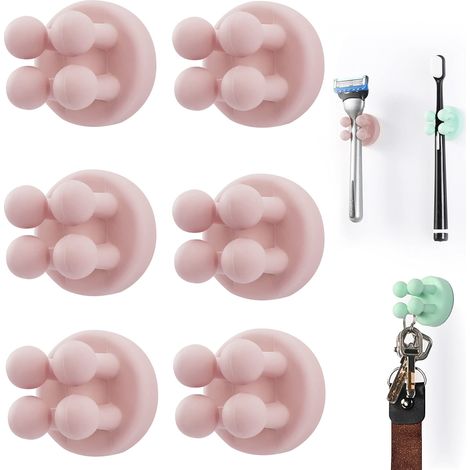 Lot de 6 Supports de Brosse à Dents en Silicone Multifonction pour Rasoir - Étanche - Auto-adhésif Mural - pour Mur ou Verre - pour Suspendre Salle de Bain, Cuisine, Salon, Bureau (Rose)